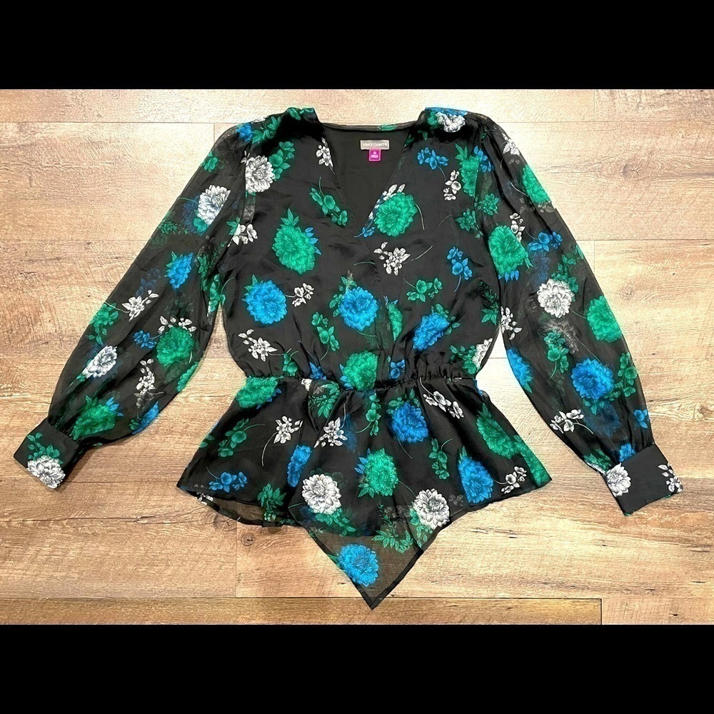Vince Camuto Black and Green Floral Long Sleeve Blouse Size XS NWT